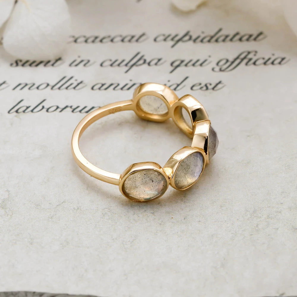 925 Sterling Silver 14K Gold Plated Gemstone 5 Stone Retro Vintage Irregular Natural Labradorite Ring