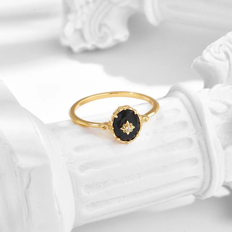 Emotional Factory 925 Sterling Silver 14K Gold Plated Gemstones Vintage Light Luxury Egg Shaped Black Onyx Ring