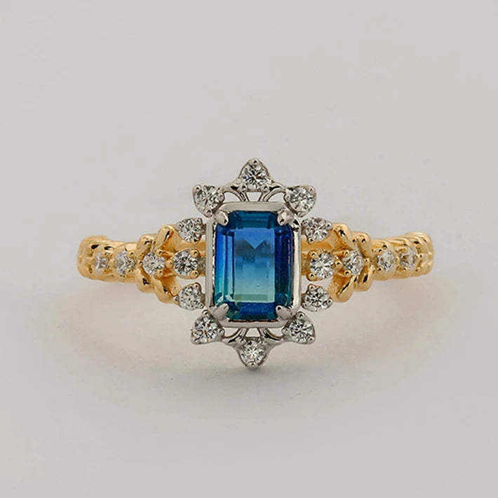 925 Sterling Silver 14K Gold Plated Gem Stone Gemstone Geometrical Dreams Galactic Star Fantasy Blue-Green Quartz Stone Ring