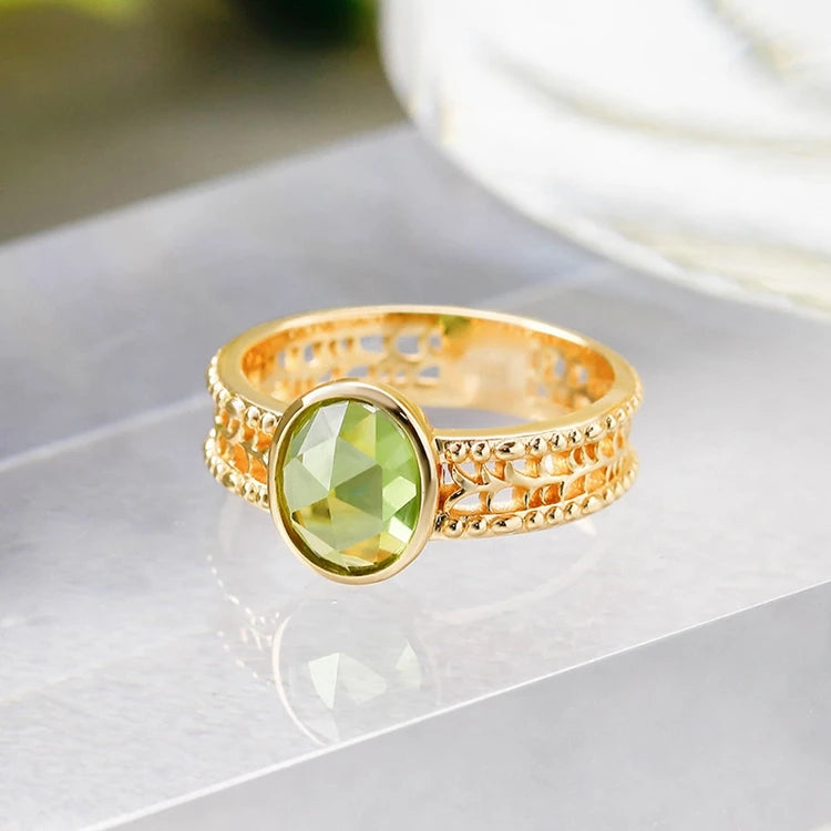 Emotional Factory 925 Sterling Silver 14K Gold Plated Gemstone Retro Hollow Olive Emerald Ring