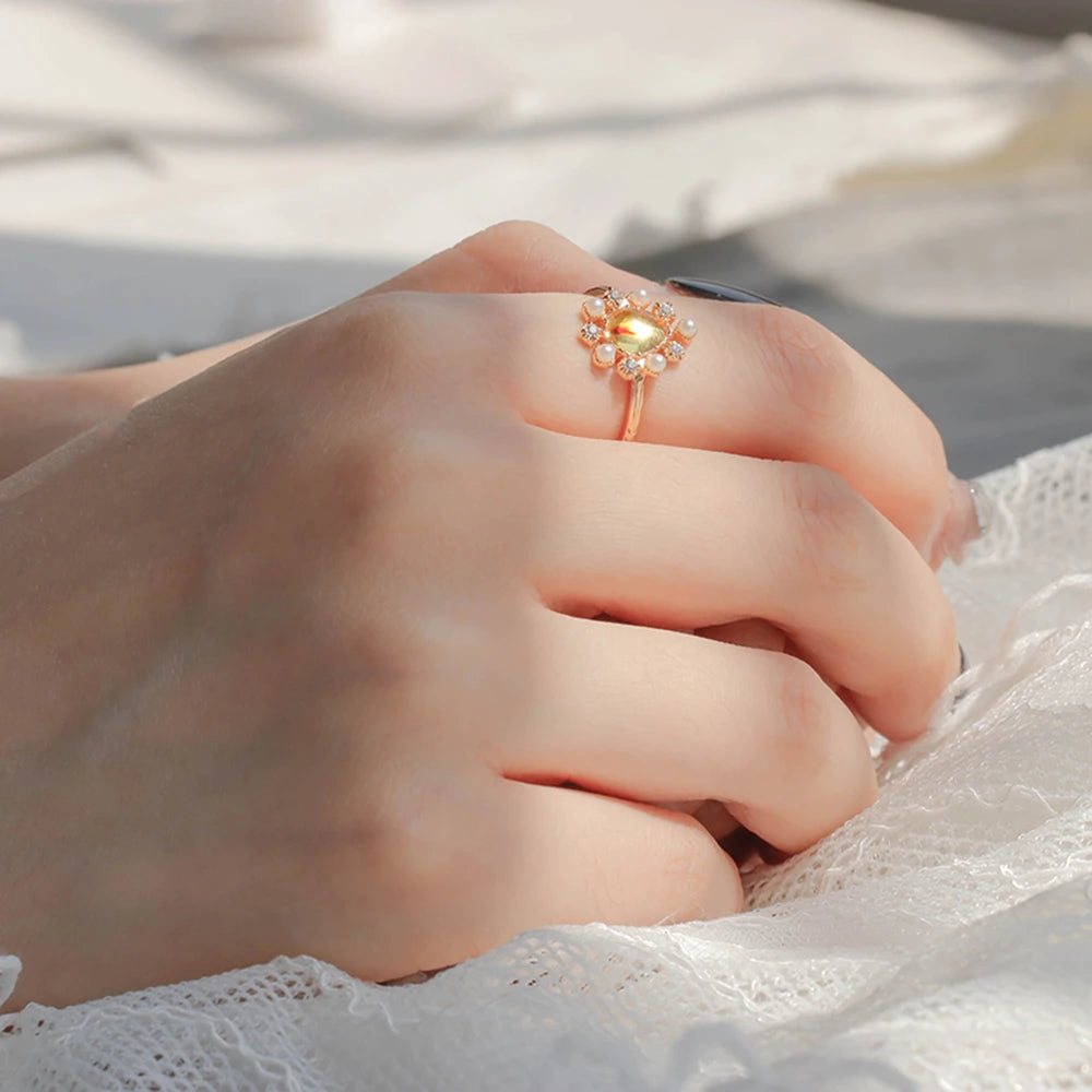 Emotional Factory 925 Sterling Silver 14K Gold Plated Gemstones Pearl Zircon Flowers Amber Ring