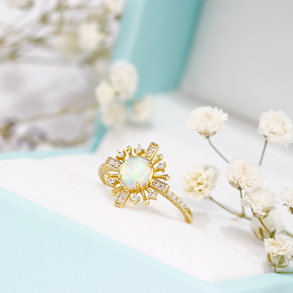 Emotional Factory 925 Sterling Silver 14K Gold Plated Gemstone Series Opal Sun Flower Shining Ring