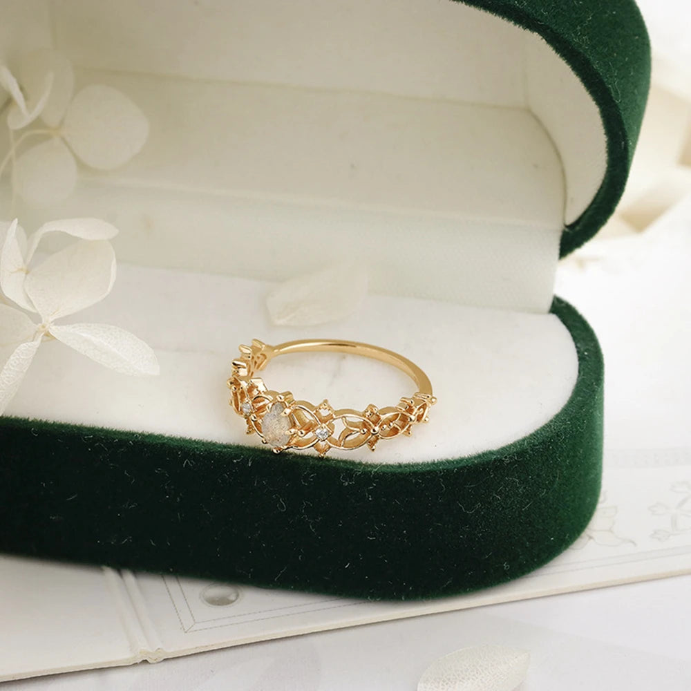 Emotional Anillos 925 Sterling Silver 14K Gold Plated Gem Stone Gemstone Cz Zircon Fashion Hollow Simple Clover Labradorite Ring