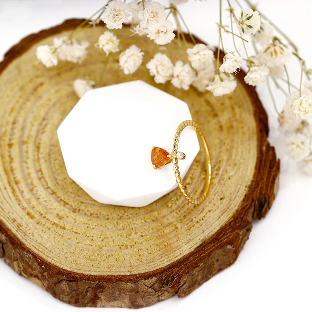 Emotional Factory 925 Sterling Silver 14K Gold Plated Gemstone Series Mosaic Zircon Triangle Natural Sun Stone Ring