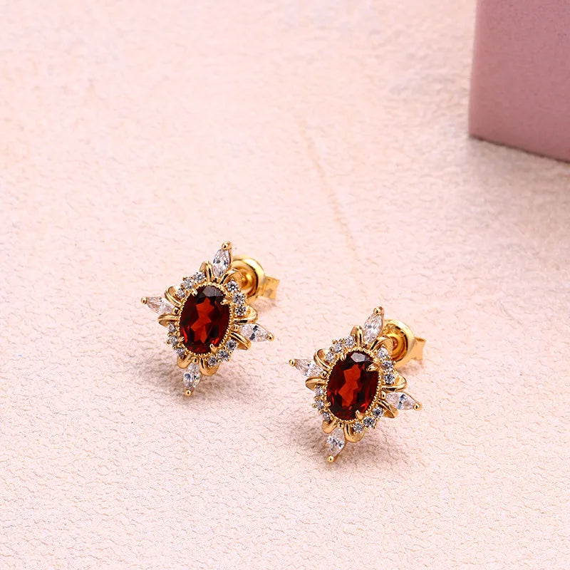 Retro Luxury Wedding Ring 925 Silver Plated 14K Gold Natural Red Garnet Claw Set Zircon High Quality Silver Jewelry Wholesale