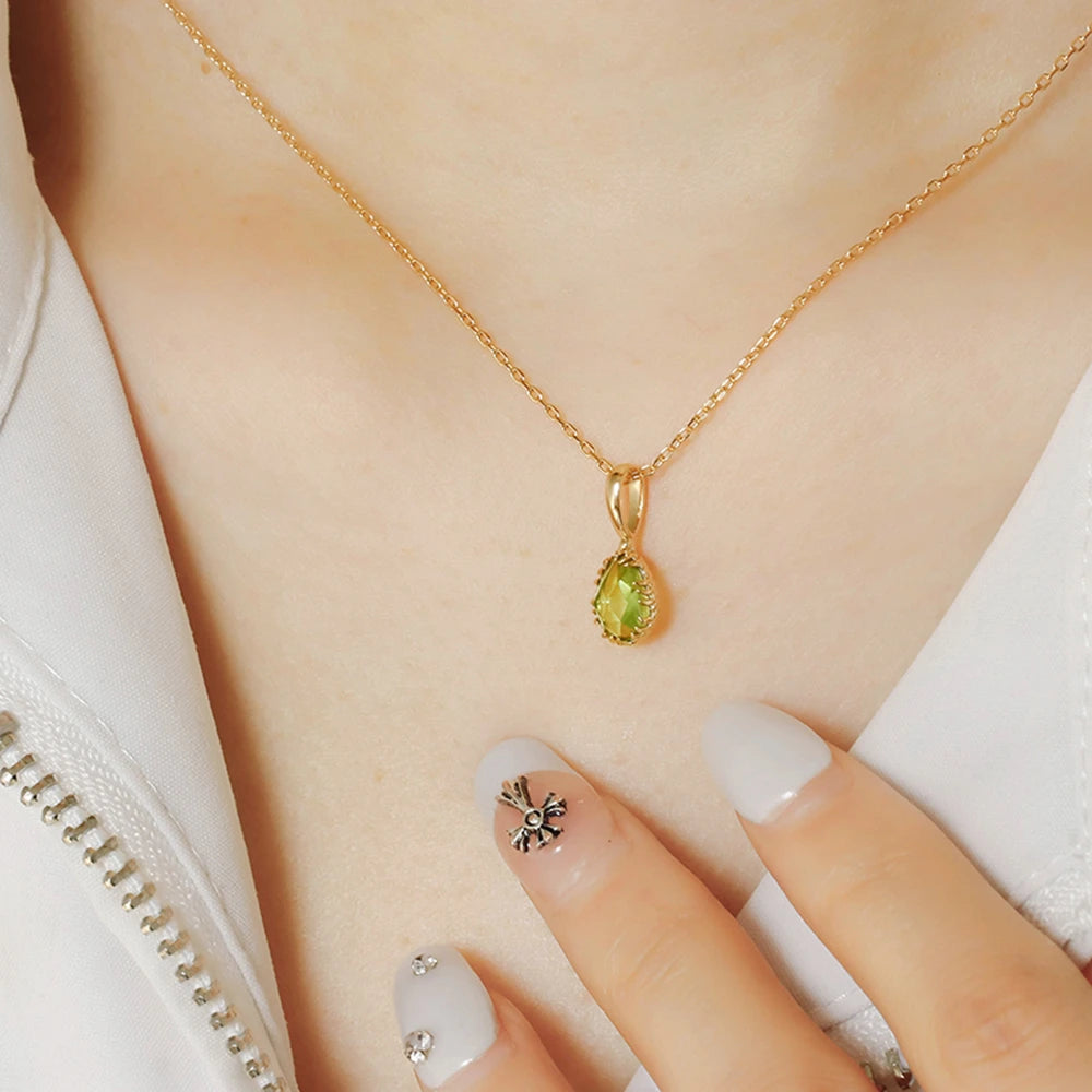 Gemstone Vintage Minimalist Drop Green Peridot Pendant Necklace