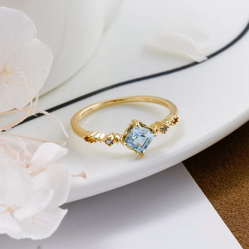 Emotional Factory 925 Sterling Silver 14K Gold Plated Gemstone Retro Cz Zircon Geometric Topaz Ring