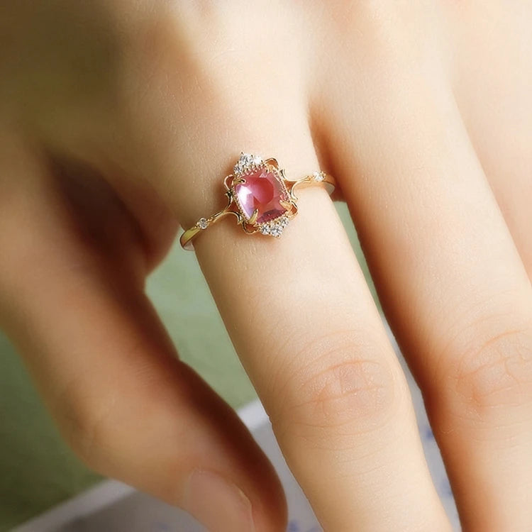 Emotional Factory 925 Sterling Silver 14K Gold Plated Gem Stone Gemstone Retro Cz Zircon Fresh Sweet Red Corundum Ring