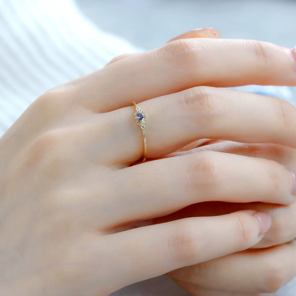 925 Sterling Silver 14K Gold Plated Gemstone Wedding Proposal Minimalist Round Tanzanite Ring