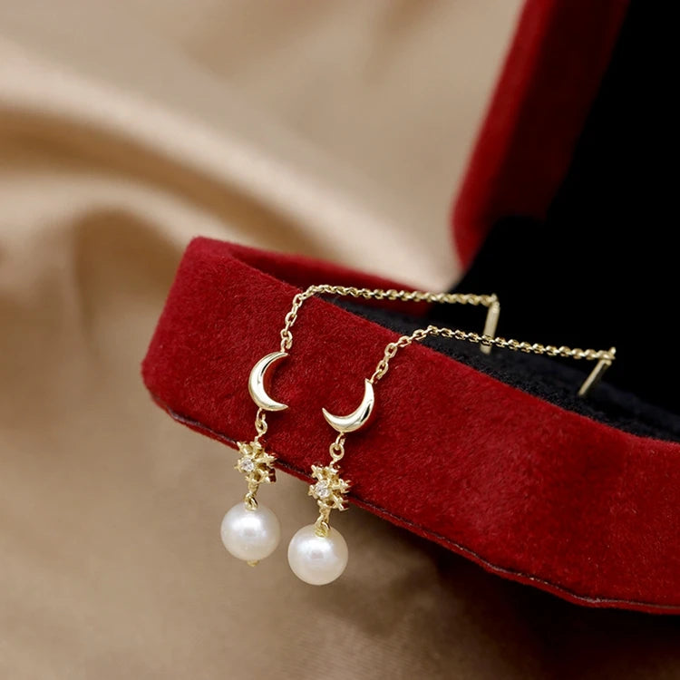 Emotional Factory 925 Sterling Silver 14K Gold Plated Gemstone Pearl Moon Star Long Line Earrings