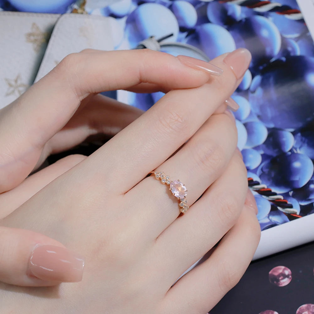 Emotional Factory 925 Sterling Silver 14K Gold Plated Gemstone Series Zircon Rose Quartz Natural Pink Crystal Ring