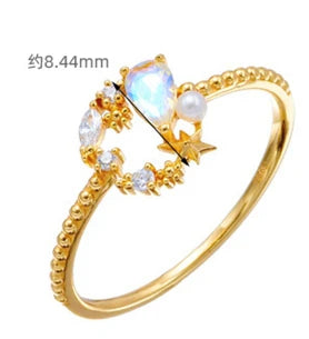 Emotional Factory 925 Sterling Silver 14K Gold Plated Gemstone Hollow Star Blue Quartz Stone Ring