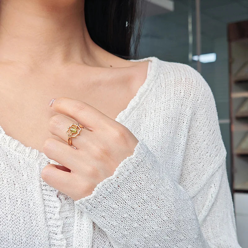 Emotional 925 Sterling Silver 14K Gold Plated Gemstone Picture Frame Premium Set Natural Peridot White Zirconia Vine Ring