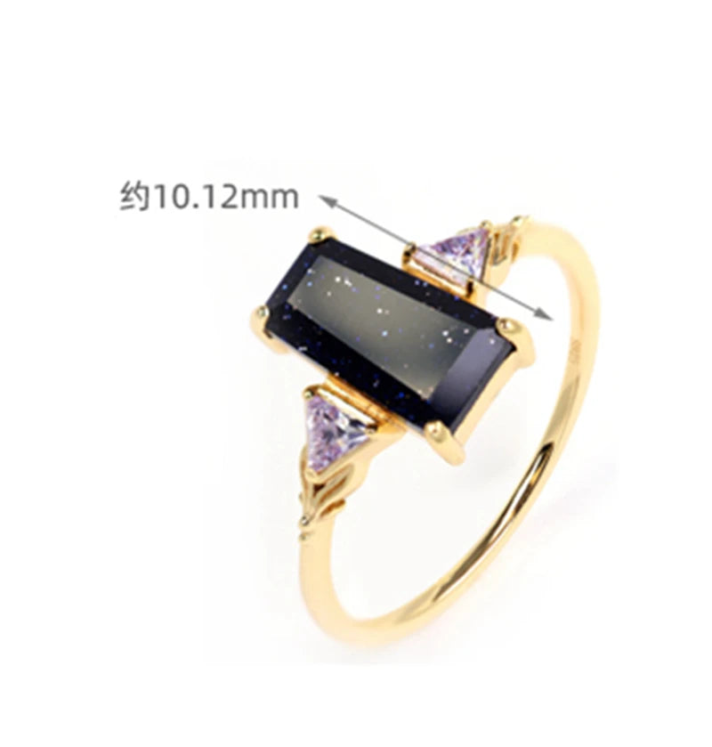 925 Sterling Silver 14K Gold Plated Winter Night Sky Series CZ Zircon Purple Stone Blue Aventurine Gemstone Ring
