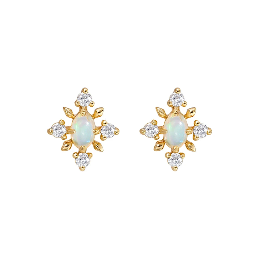 925 Sterling Silver 14K Gold Plated Gemstone Zircon Natural Simple Design Snowflake Australian Opal Earrings