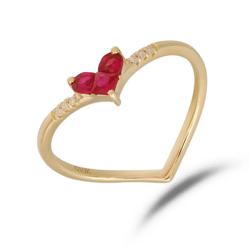 Emotional Factory 925 Sterling Silver 14K Gold Plated Heart Red Gemstone Handmade Borderless Inlay Zircon Ring