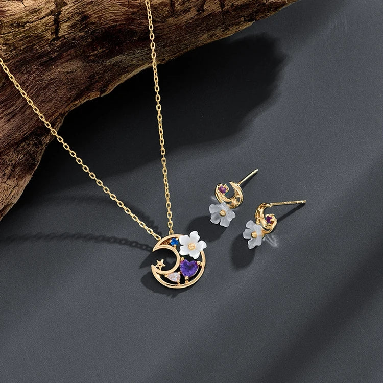 Emotional Factory 925 Sterling Silver 14K Gold Plated Gemstone Amethyst Moon Star White Shell Flower Necklace