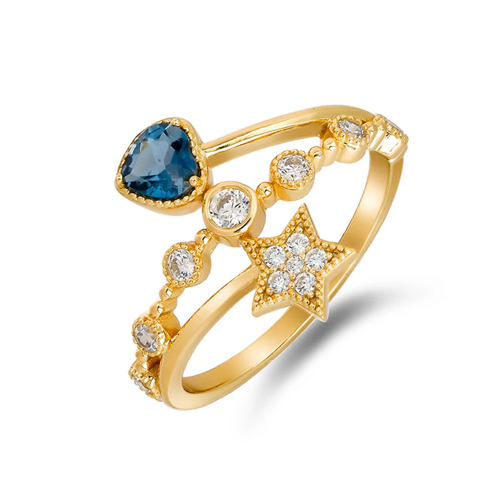 Emotional Factory 925 Sterling Silver 14K Gold Plated Gem Stone Gemstone Star Heart Cz Zircon London Blue Topaz Ring