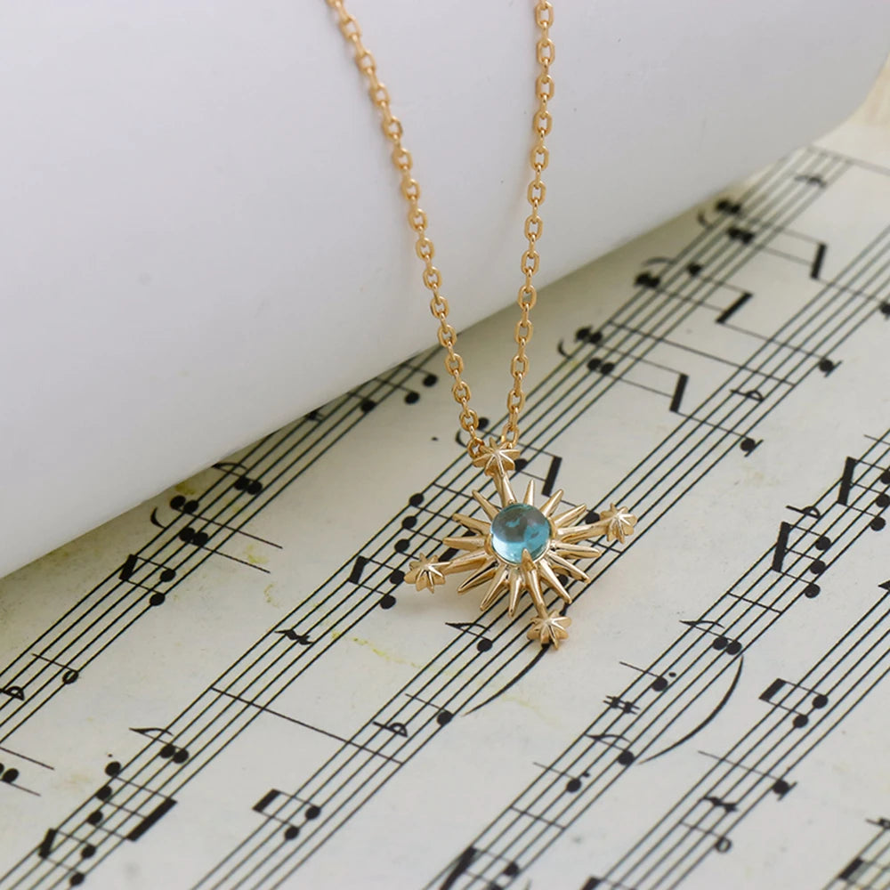 925 Sterling Silver 14K Gold Plated Gemstone Retro Hollow Sun Star Sunny Apatite Necklace