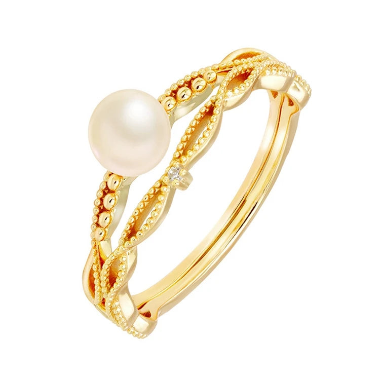 Emotional Factory 925 Sterling Silver 14K Gold Plated Gemstone Zircon Double-Layer Pearl Ring Set