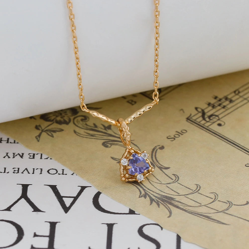 925 Sterling Silver 14K Gold Plated Gemstone Retro Hollow Geometric Triangle Tanzanite  Necklace