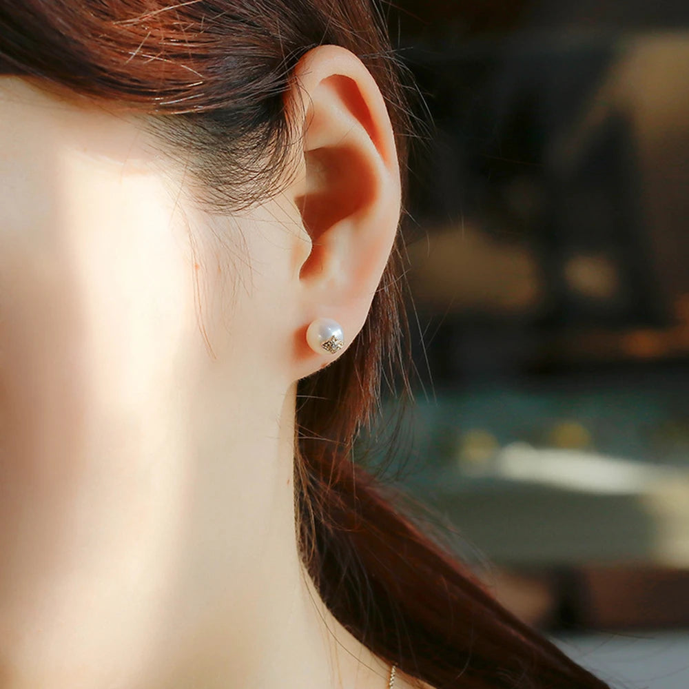 Emotional Factory 925 Sterling Silver 14K Gold Plated Gem Stone Gemstone Retro Cz Zircon Round Stone Pearl Stud Earrings