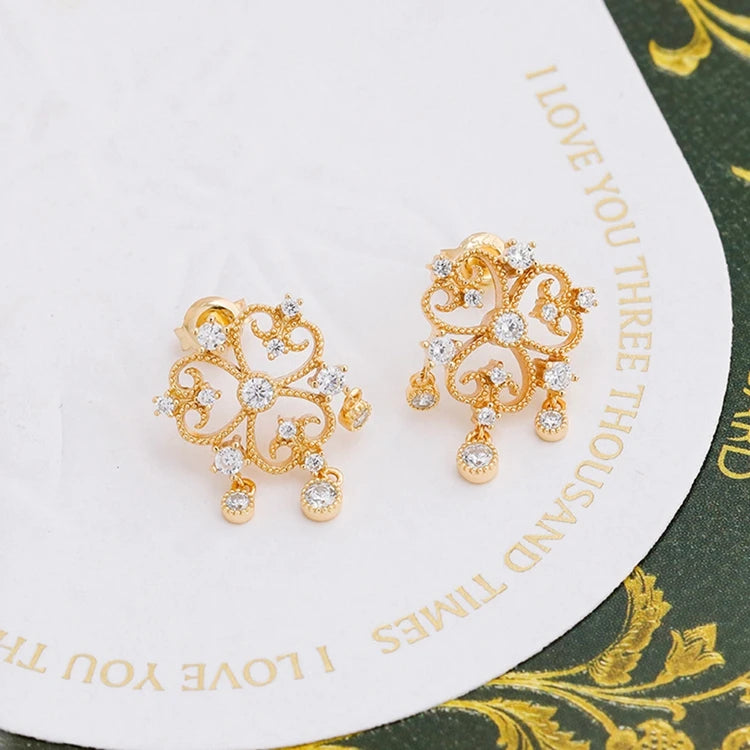 Emotional Factory 925 Sterling Silver 14K Gold Plated Gem Stone Gemstone Cz Zircon Lace Hollow Vintage Earrings