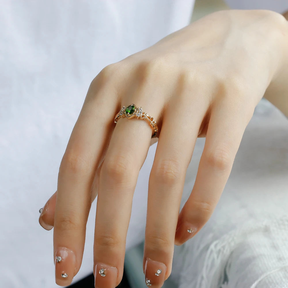 925 Sterling Silver 14K Gold Plated Gemstone Hollow Geometric Square Retro Cz Zircon Diopside Ring