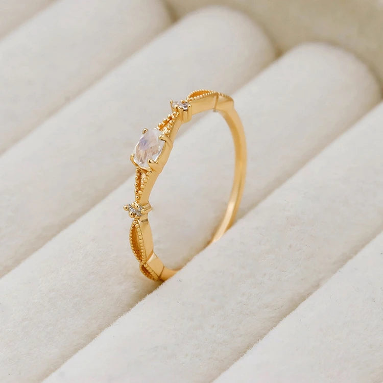 925 Sterling Silver 14K Gold Plated Gemstone Zircon Natural Moonstone Slim Ring