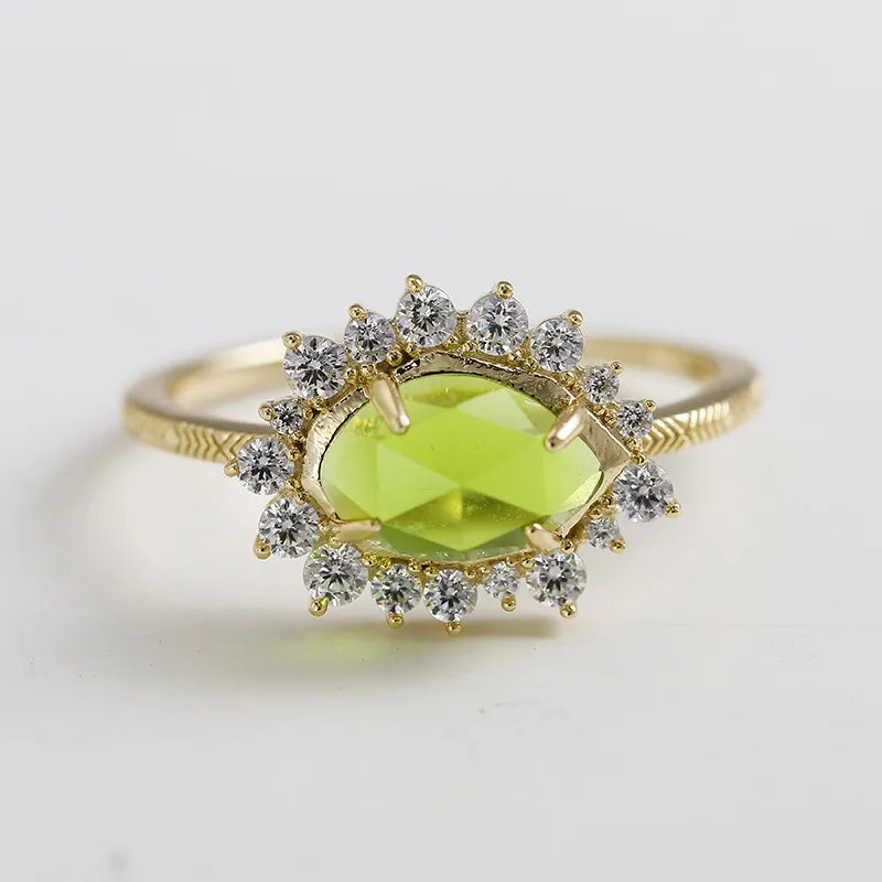 Emotional Factory 925 Sterling Silver 14K Gold Plated Gemstone Cz Zircon Peridot Glass Necklace Green Quartz Ring