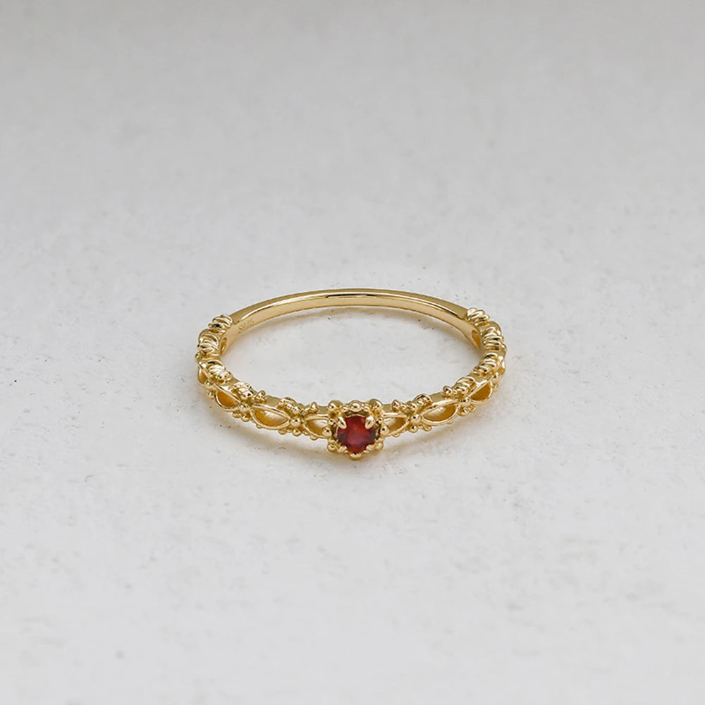 Emotional Factory 925 Sterling Silver 14K Gold Plated Gem Stone Gemstone Cz Zircon Flower Lab-Grown Ruby Ring