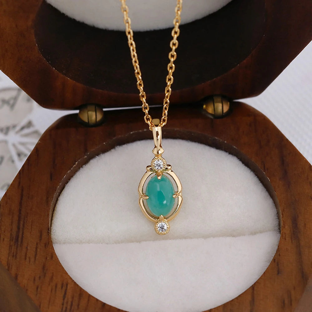 Emotional Factory 925 Sterling Silver 14K Gold Plated Gem Stone Gemstone Retro  Cz Zircon Egg Stone Amazonite Necklace