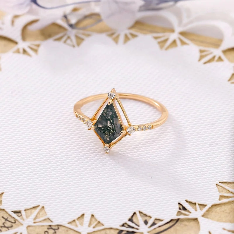 French Light Luxury Retro S925 Silver Plated 14K Gold Aquaticagate Wedding Ring