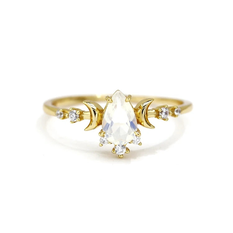 Anillos De Plata Anel De Ouro Puro 925 Sterling Silver 14K Gold Plated Gemstone Zircon Water Drop Opal Moon Ring