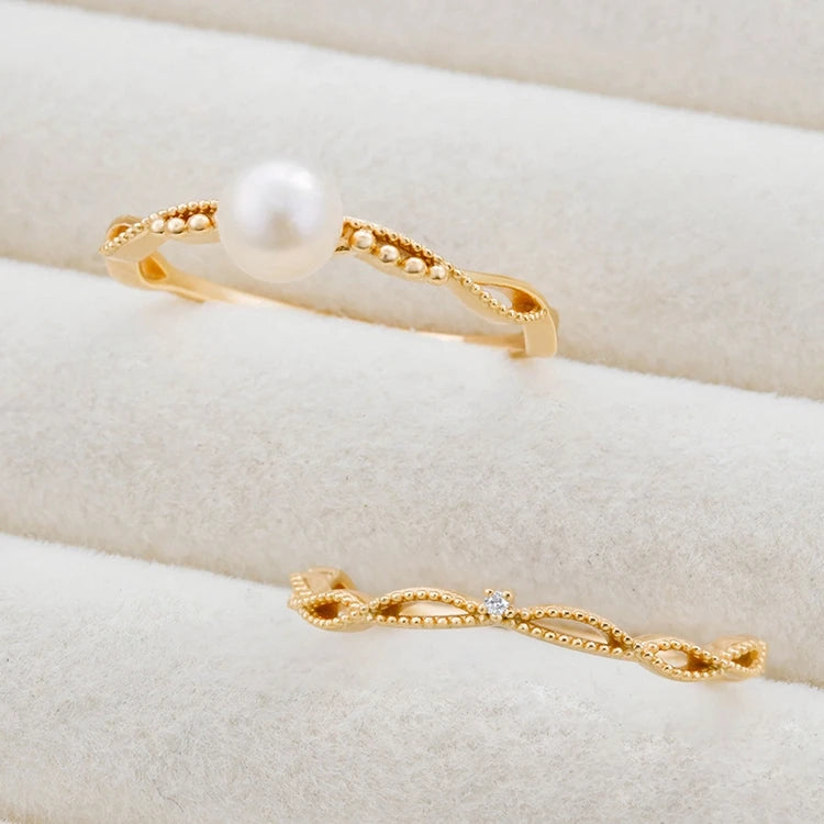 Emotional Factory 925 Sterling Silver 14K Gold Plated Gemstone Zircon Double-Layer Pearl Ring Set