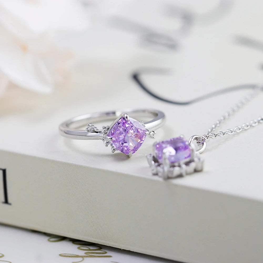 Emotional Factory 925 Sterling Silver 14K Gold Plated Gemstone Retro Cz Zircon Geometric  Square Lavender Topaz Ring