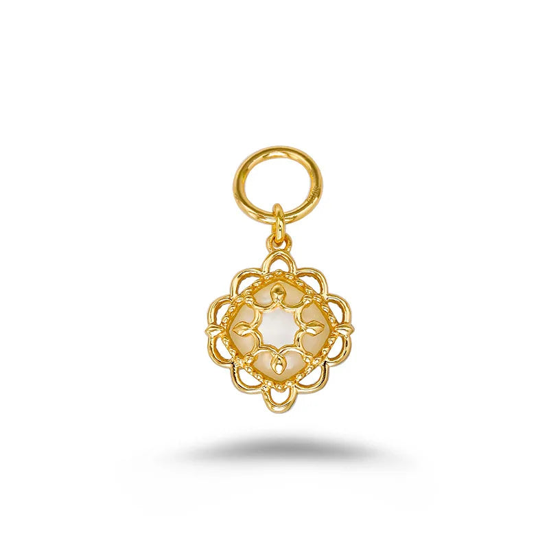 925 Sterling Silver 14K Gold Plated Gemstone Layered Stone Double Sided Wear Flower Natural Shell Rock White Crystal Pendant