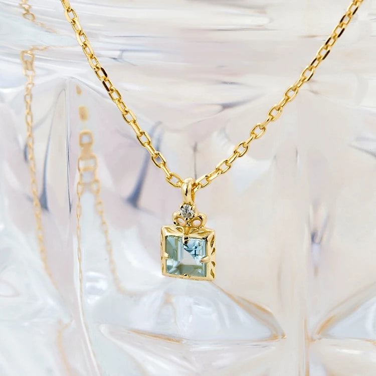 Emotional Factory 925 Sterling Silver 14K Gold Plated Gemstone Simplicity Zircon Geometric Square Aquamarine Necklace