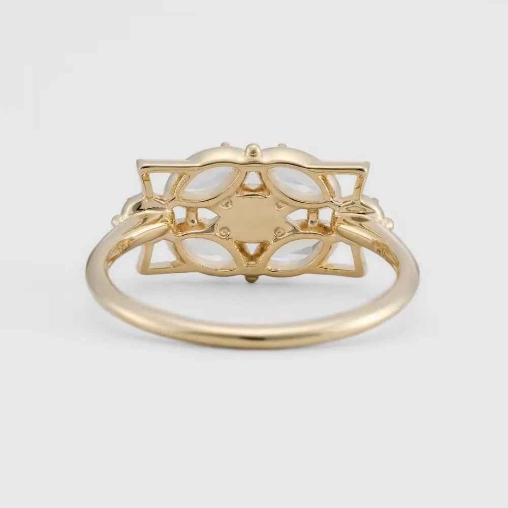 Niche Retro Hollow Geometry Design Inlaid Opal+Turquoise RingS925Silver Plated14KRing