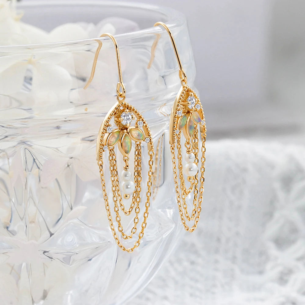 Leaf Tassels African Opal Earrings