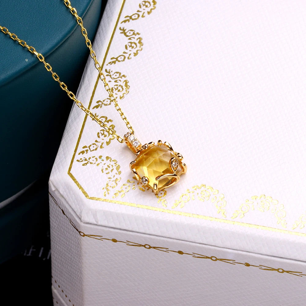 925 Sterling Silver 14K Gold Plated Gem Stone Gemstone Retro  Cz Zircon Ring Perfume Bottle Design Citrine Leaf Pendant Necklace