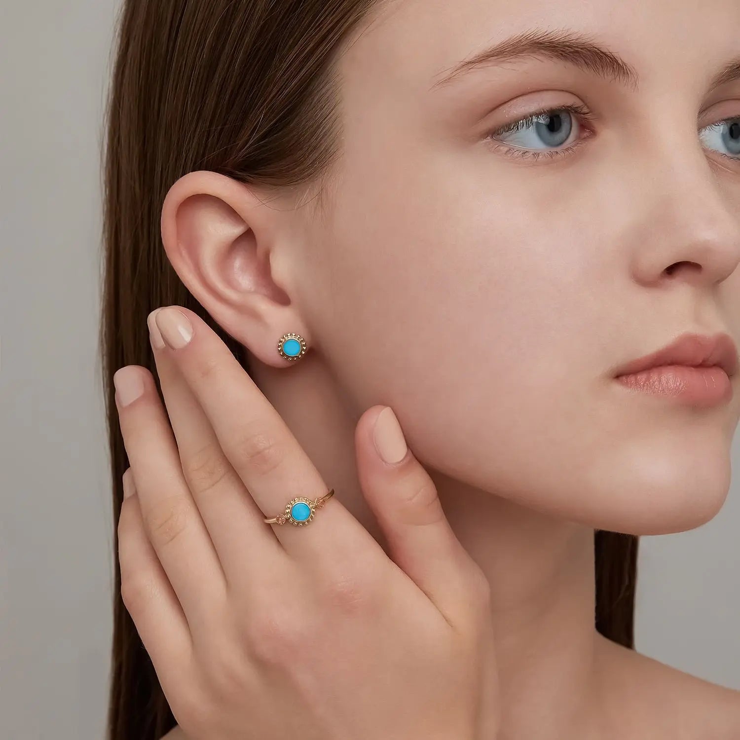 Factory Wholesale Customization Simple Niche Retro Style Geometric RoundS925Silver Plating14KGold Turquoise Ring