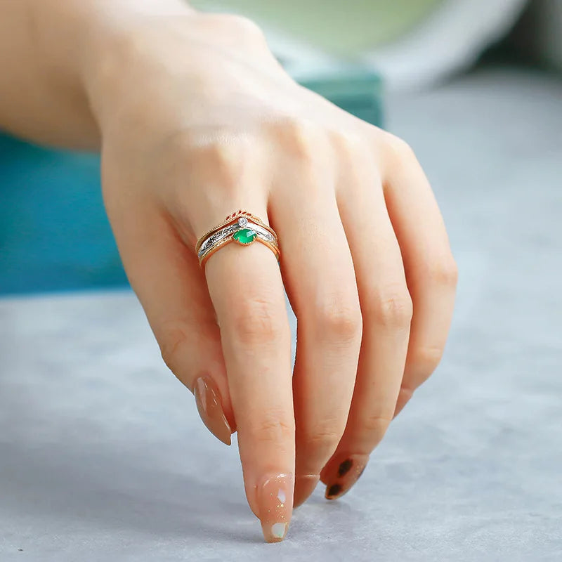 Emotional Factory 925 Sterling Silver 14K Gold Plated Gemstones Christmas Vintage Leaf Carving Natural Green Chalcedony Ring