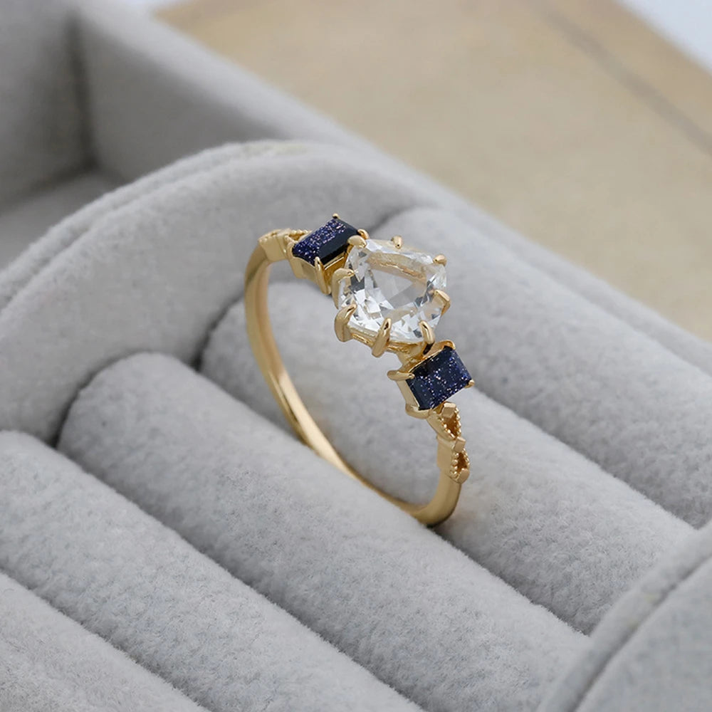 Emotional 925 Sterling Silver 14K Gold Plated Gem Stone Gemstone Geometric Square Round Blue Sandstone White Rock Crystal Ring