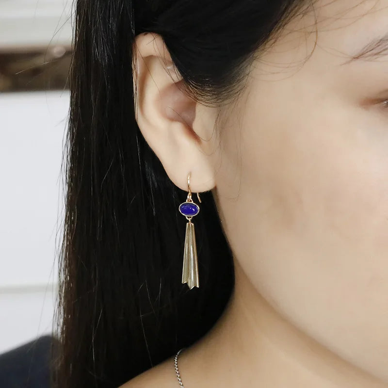 Emotional Factory 925 Sterling Silver 14K Gold Plated Gemstone Literary Retro Thickness Lapis Lazuli Earrings