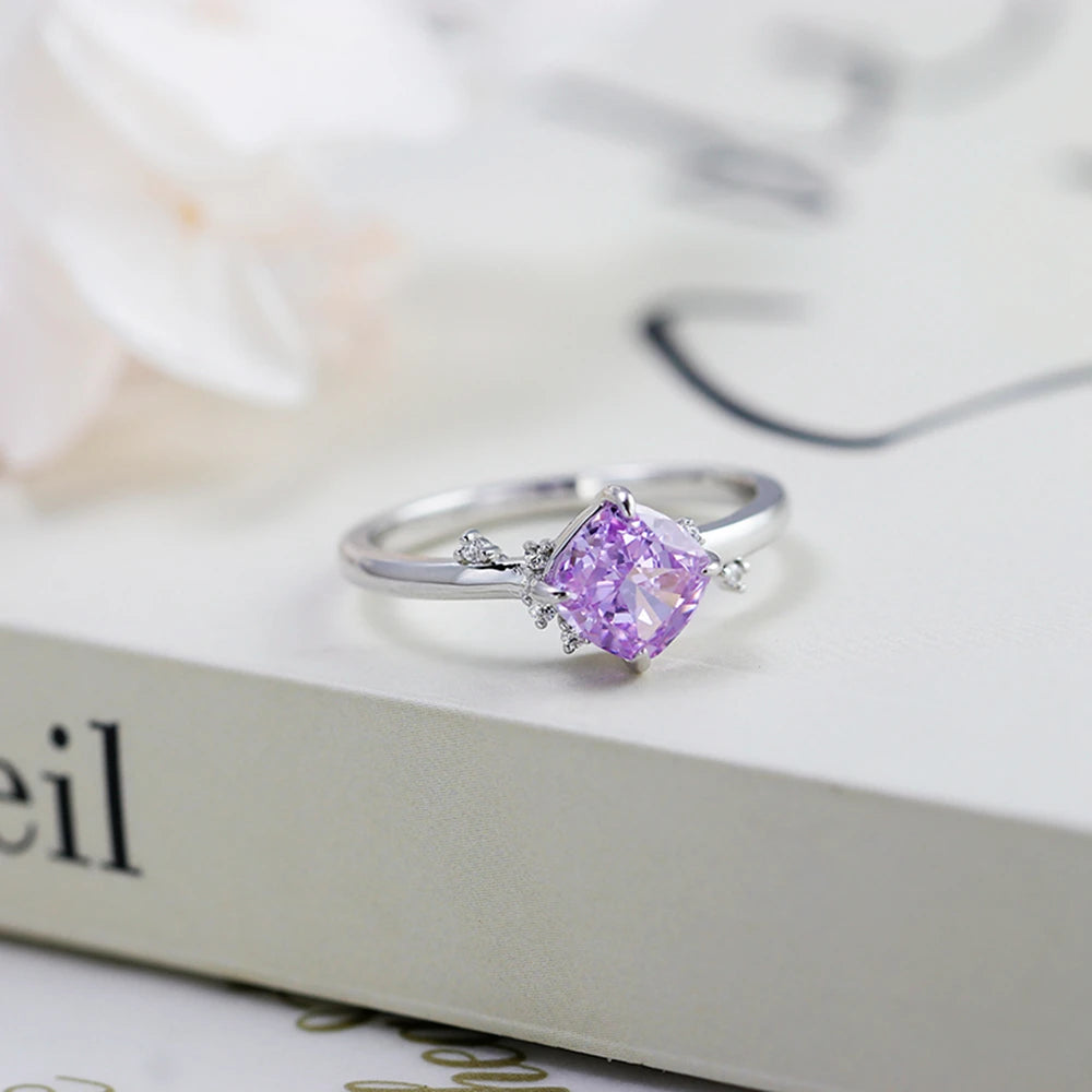 Emotional Factory 925 Sterling Silver 14K Gold Plated Gemstone Retro Cz Zircon Geometric  Square Lavender Topaz Ring