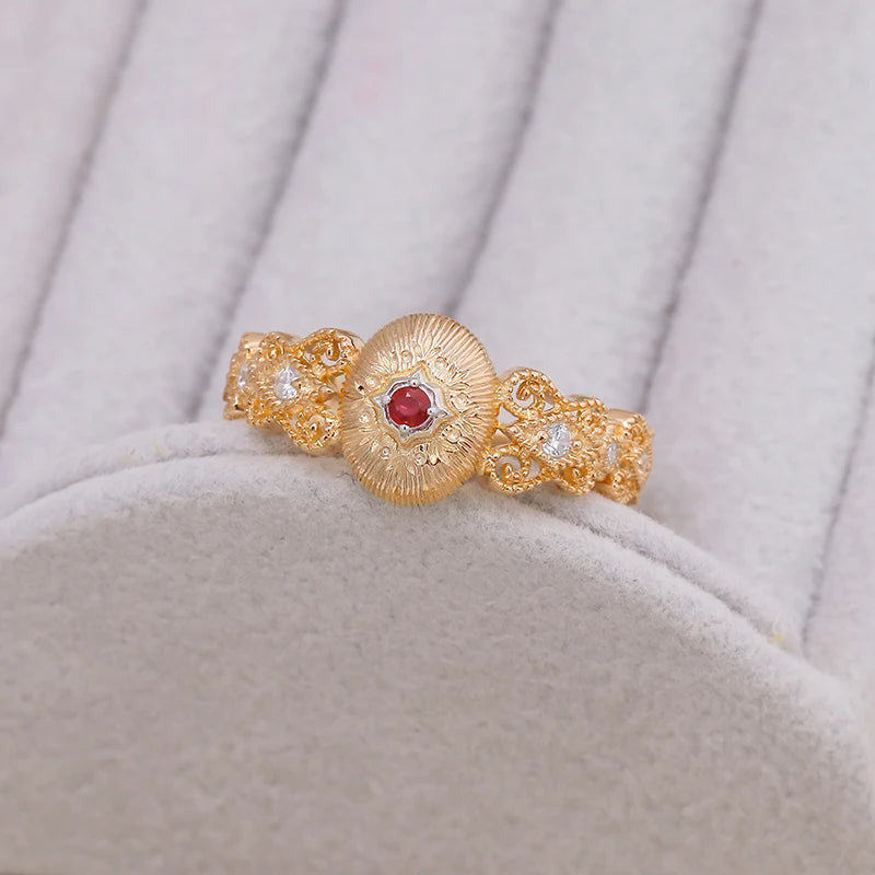French Vintage Lace Surrounding Design S925 Silver Plated 14k Gold Ruby Ring