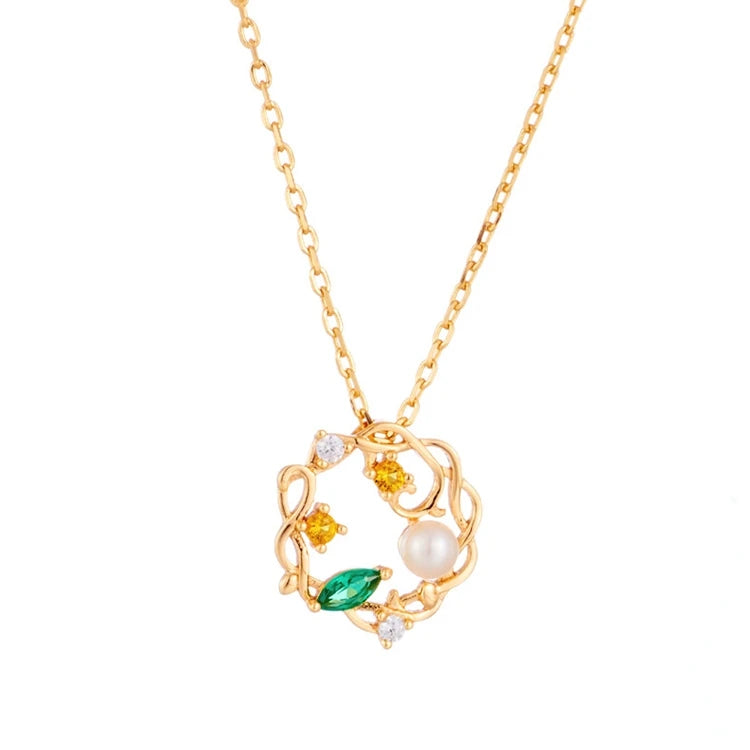 Emotional Factory 925 Sterling Silver 14K Gold Plated Gemstone Freshwater Pearl Crystal Round Necklace Flower Necklace