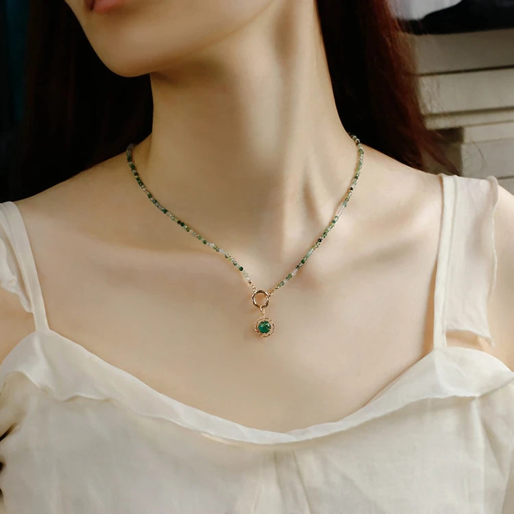 925 Sterling Silver 14K Gold Plated Gemstone Vintage Hollow Blonde Crystal Malachite Pendant Necklace With Ordinary Chain