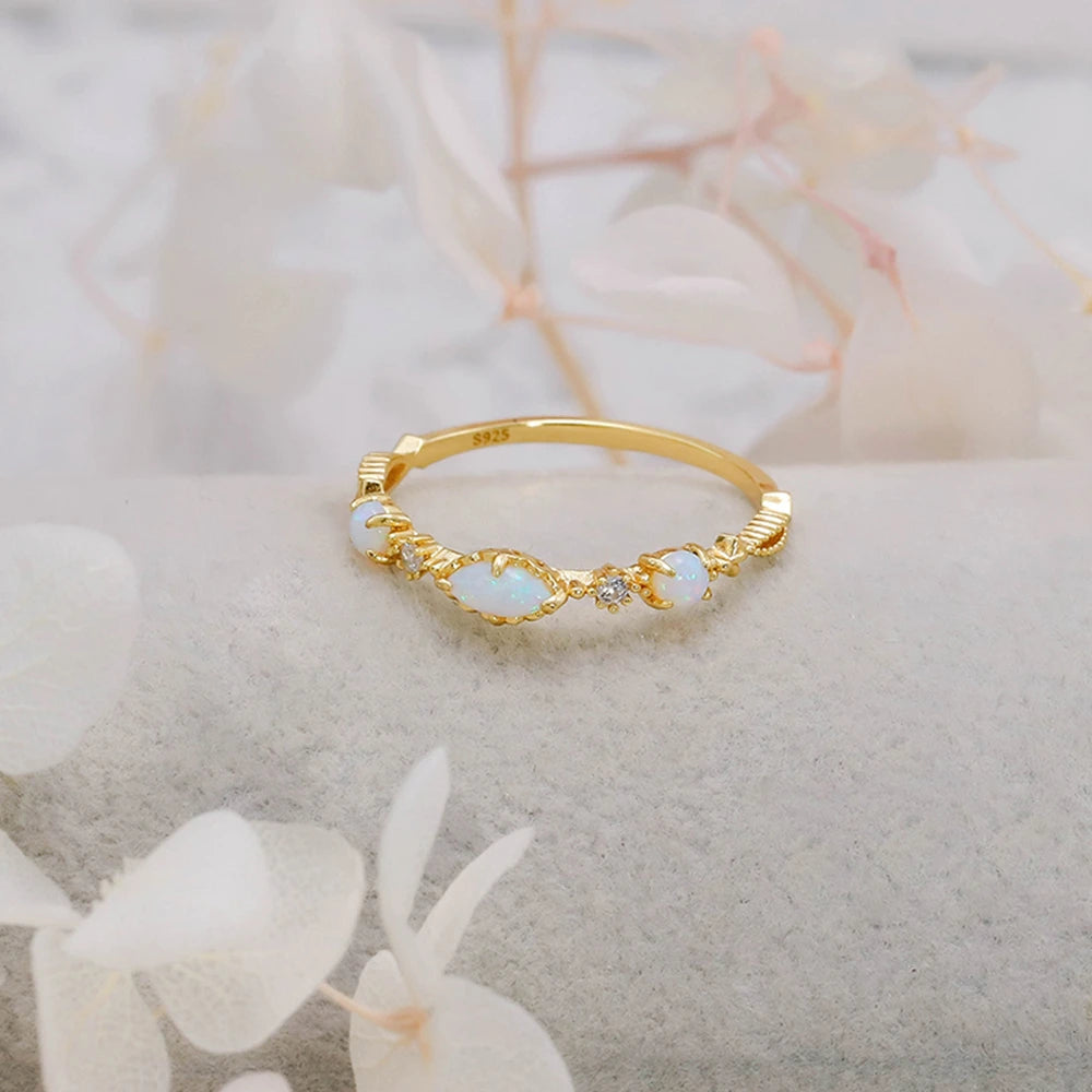 925 Sterling Silver 14K Gold Plated Gemstone Synthetic Opal Zircon Simple Ring